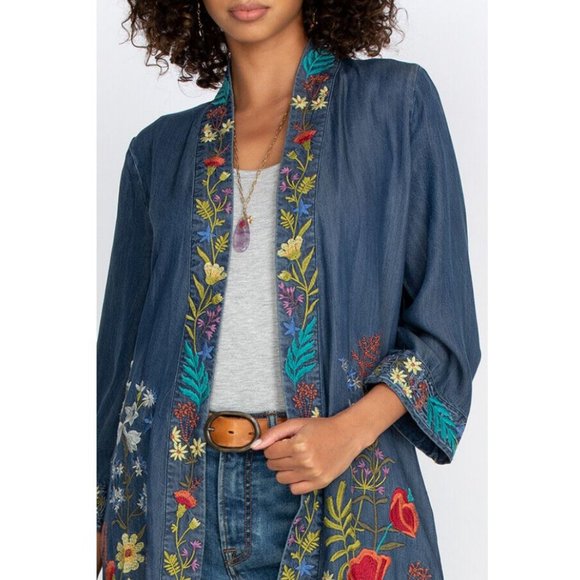 Johnny Was Kimono Long Provence Coat Denim Blue Embroidery Jacket Floral NEW - Picture 4 of 8